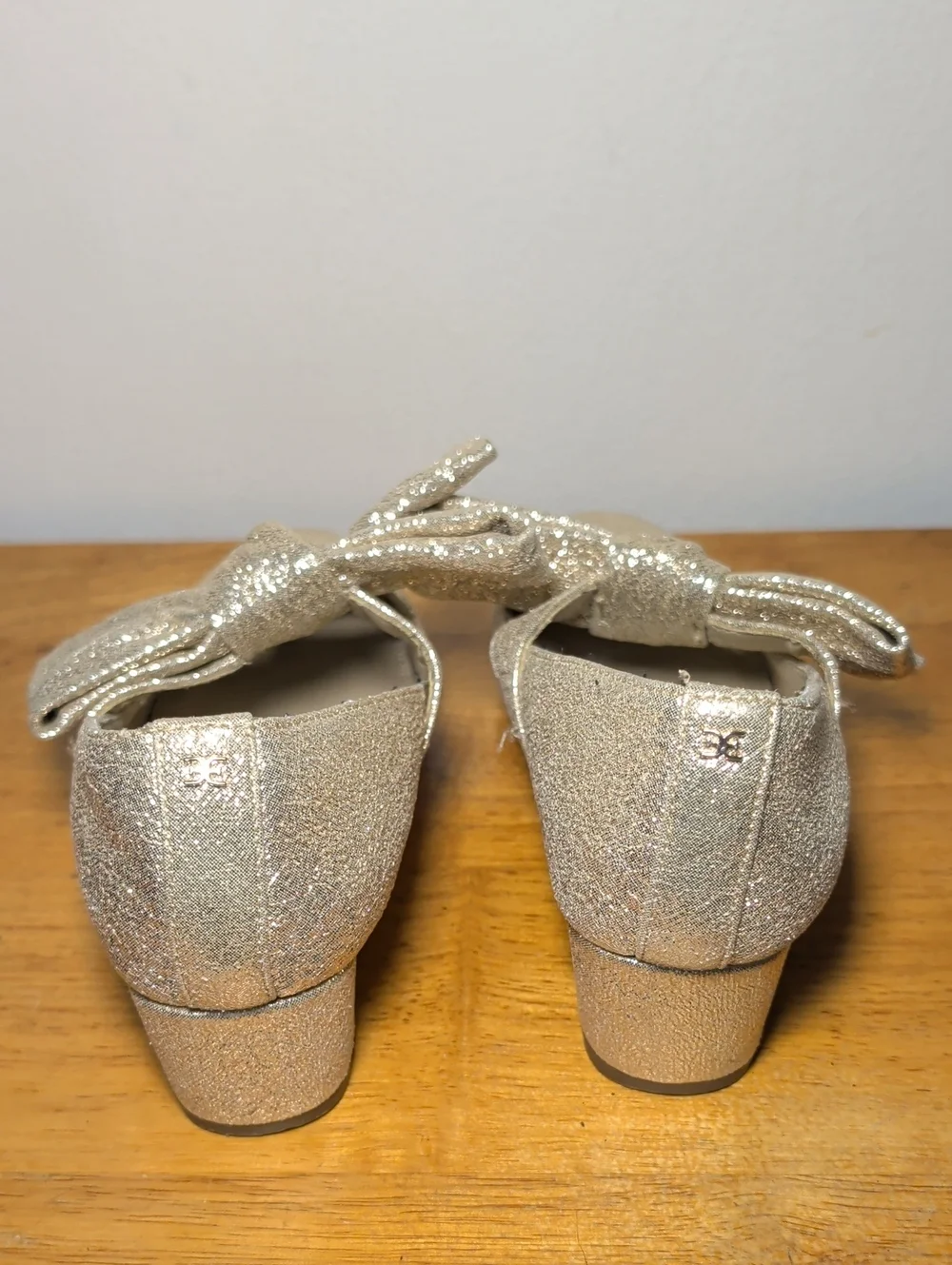 Sam Edelman Teddy Kids Shoes Gold Glitter Bow Block Heel Girls Size 3